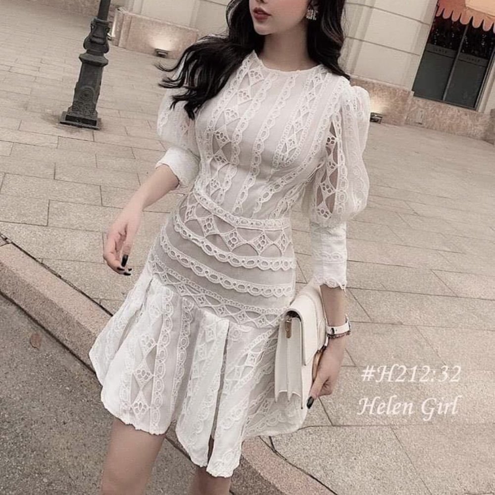 Babydoll lace pleated mini white dress size Small